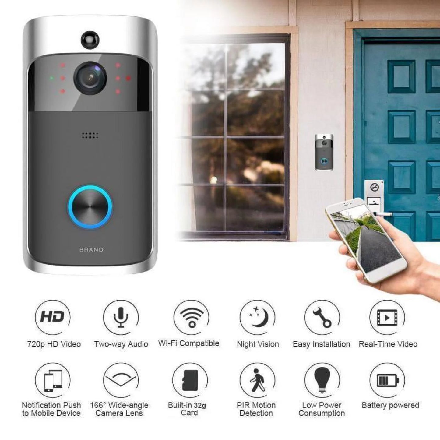 Smart Video System Bell-Black Wireless Camera Doorbell Visual WiFi IR Security Record