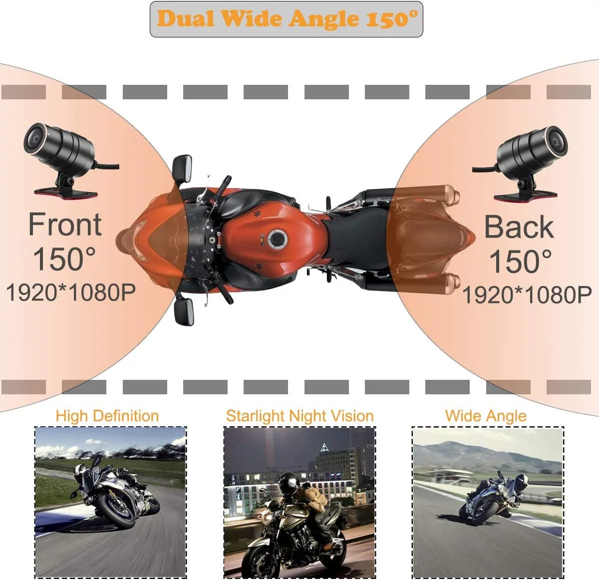 to and Rear Cam up 256GB Recording LCD Wi-Fi, Waterproof FHD Max Camera Control, for with G-Sensor, Motorcycle, Wide 3'' ZOMFOM Front 150° Lens GPS, Waterproof Wired 1080P Dash and EIS Angle