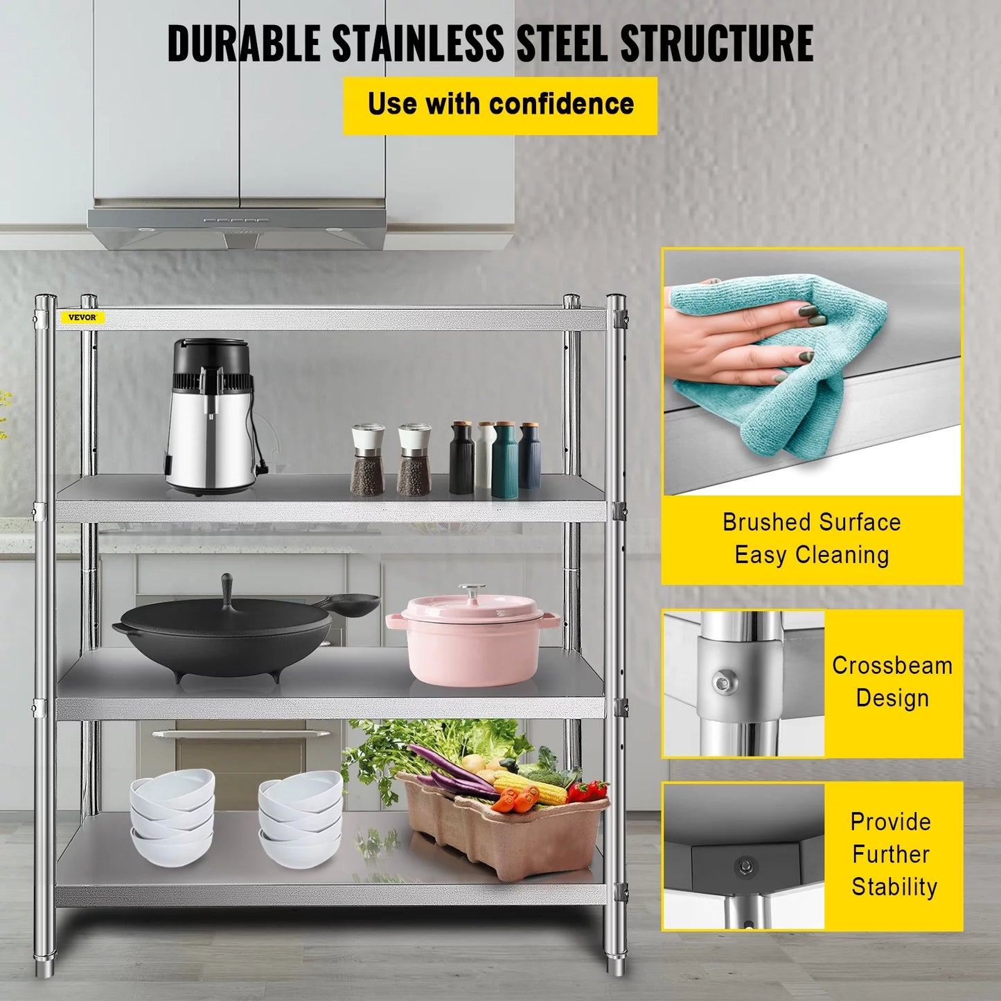 4-Tier 330LB Shelf Standing Commercial Stainless Shelf per Garage Shelving Shelf Office, Unit Storage Steel for Capacity Kitchen, VEVORbrand