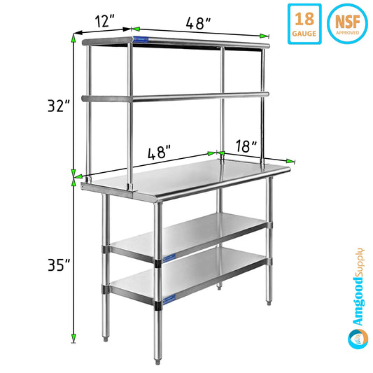 Stainless Combo Wide Two Table Table Metal Shelves Prep Shelving 12" x Double Kitchen With | Tier Overshelf 18" & 48" | Steel Work