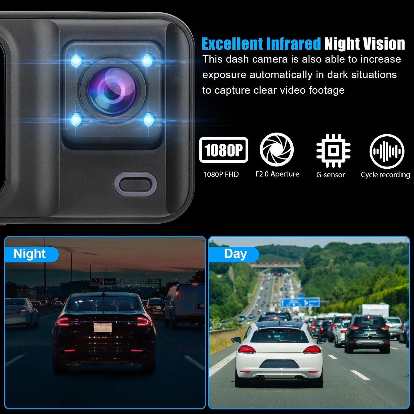 1080P Dash Camera G-sensor 3 Dual Video 170° Lens Car Recorder Channel 2" Cam HD