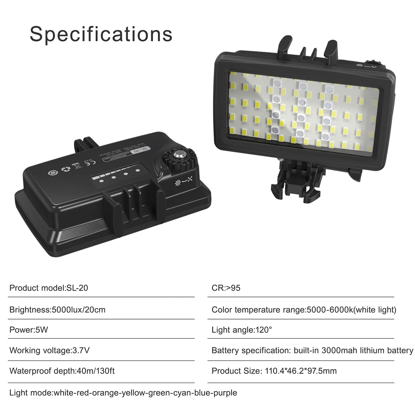 Video Fill Photography CRI95+ Snorkeling Dimmable Underwater Built-in Rechargeable for RGB IPX8 Underwater Replacement SL-20 Modes for Battery Waterproof 8 Video Tomshoo 40M Diving