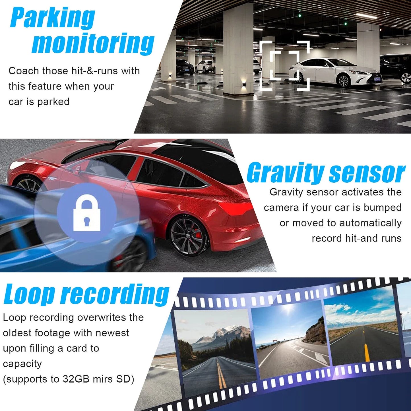 1080P Dash Camera G-sensor 3 Dual Video 170° Lens Car Recorder Channel 2" Cam HD