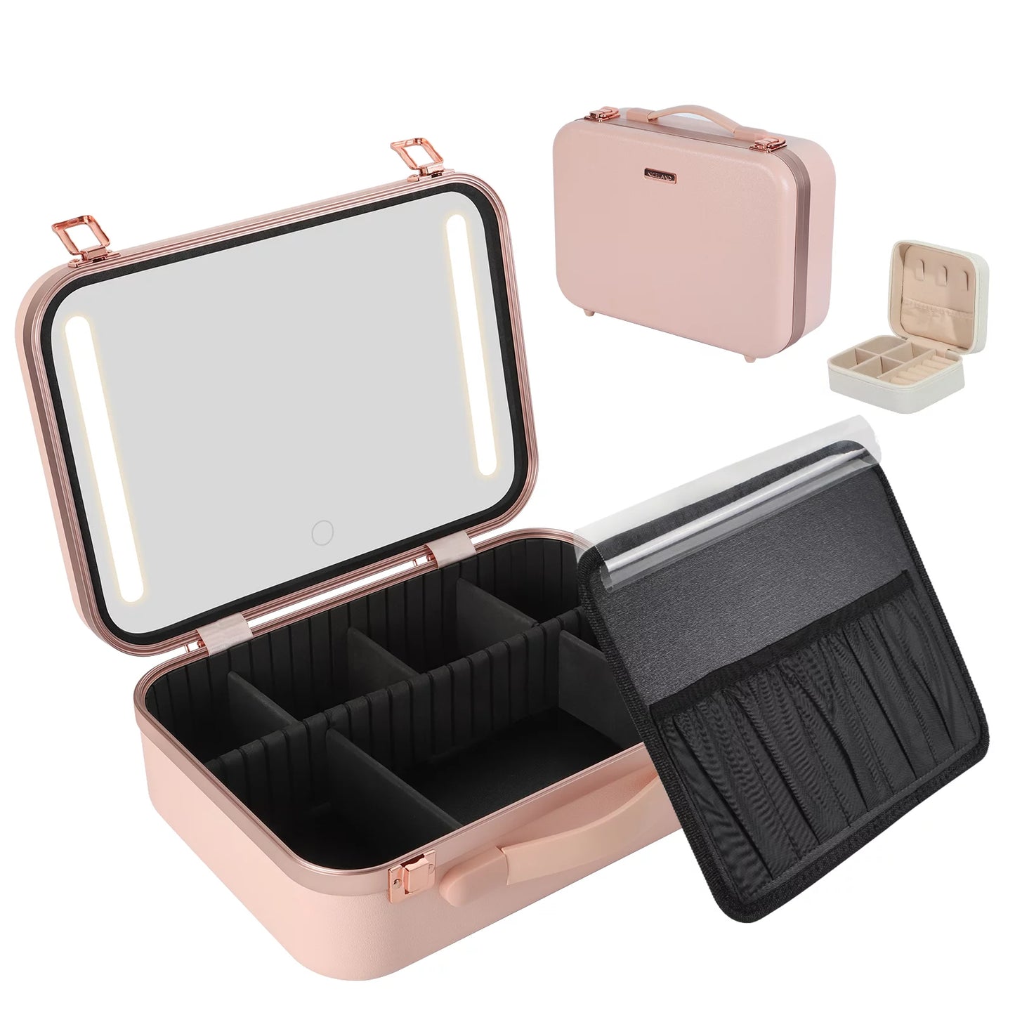 & Case Light Box with Jewelry Organizer Pink ZXMT & Makeup Case 15" Mirror with Cosmetic Brushes Train Board