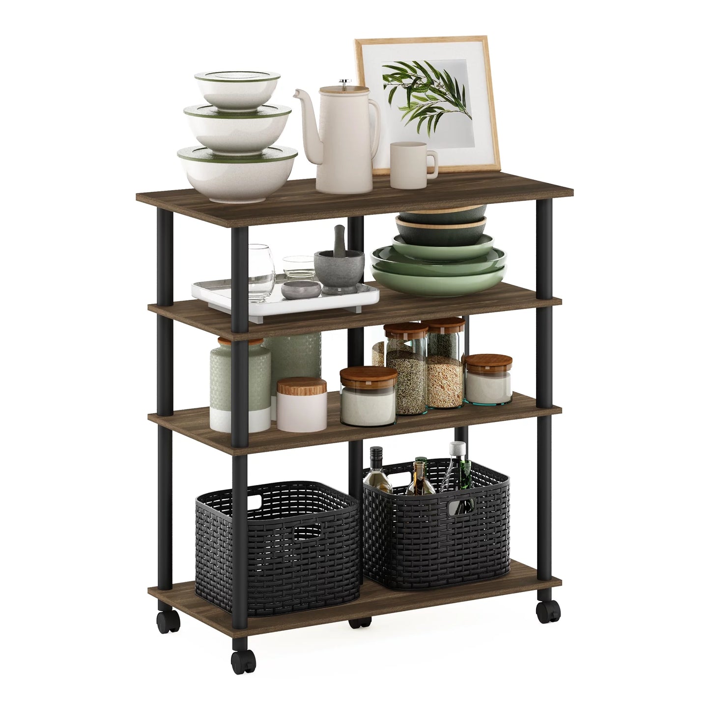 wheels, 4-Tier Columbia Kitchen on Walnut/Black Rolling Helena Furinno Island