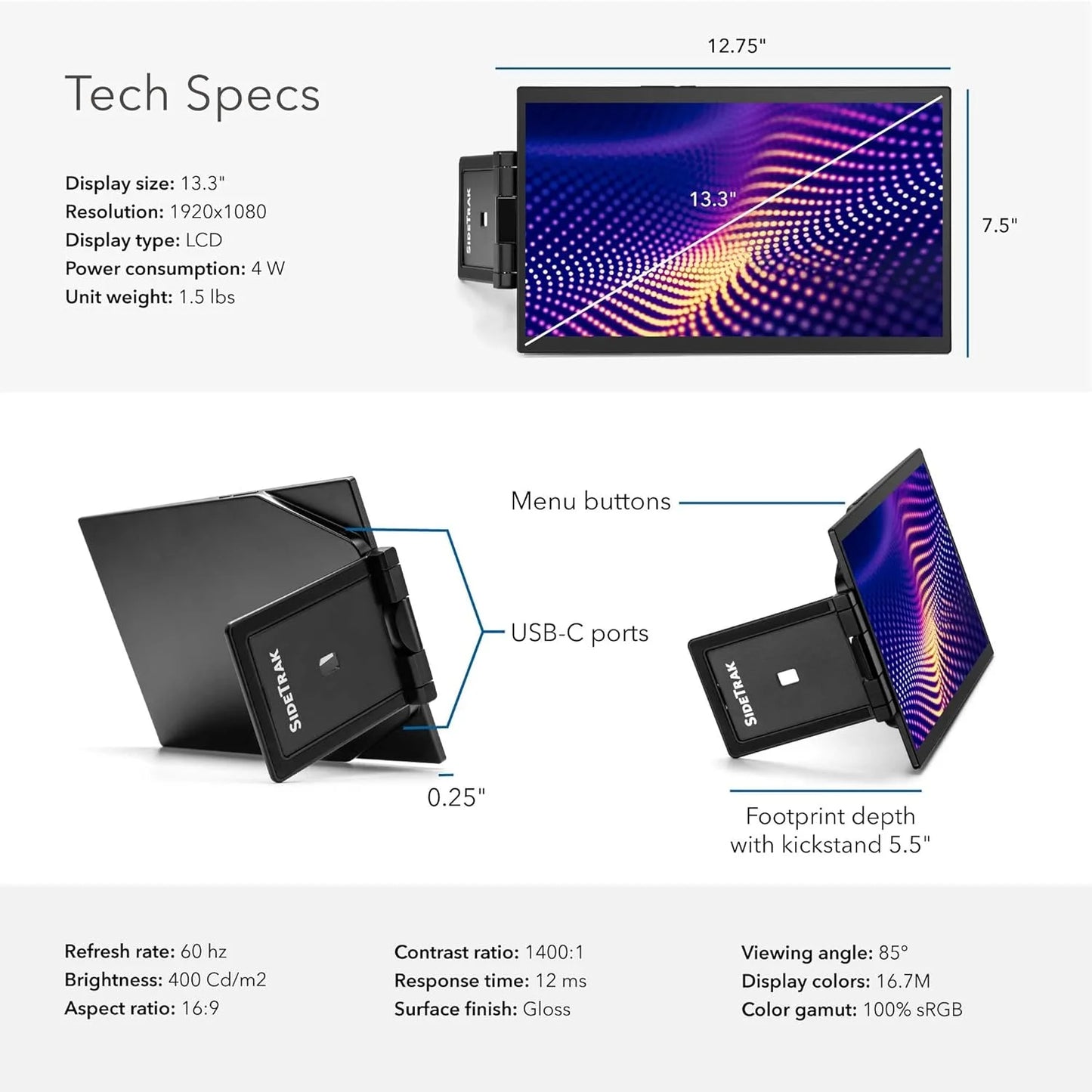 13.3'' Laptop Monitor Portable for Single Pro SideTrak Monitor) Swivel (13.3''