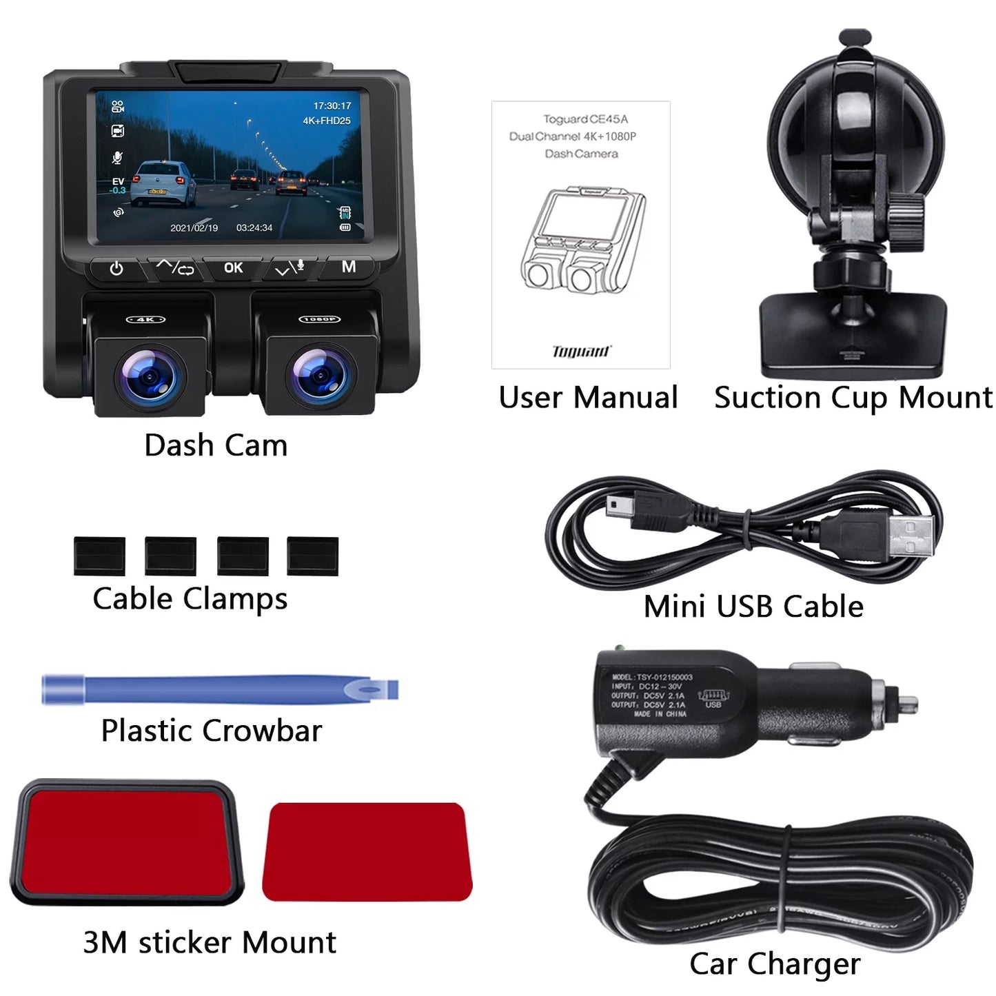 4K+1080P and Dash G-Sensor Inside Screen Mode Camera Parking Camera LCD Cam Loop 4K TOGUARD Front 3" Recording Car Dash