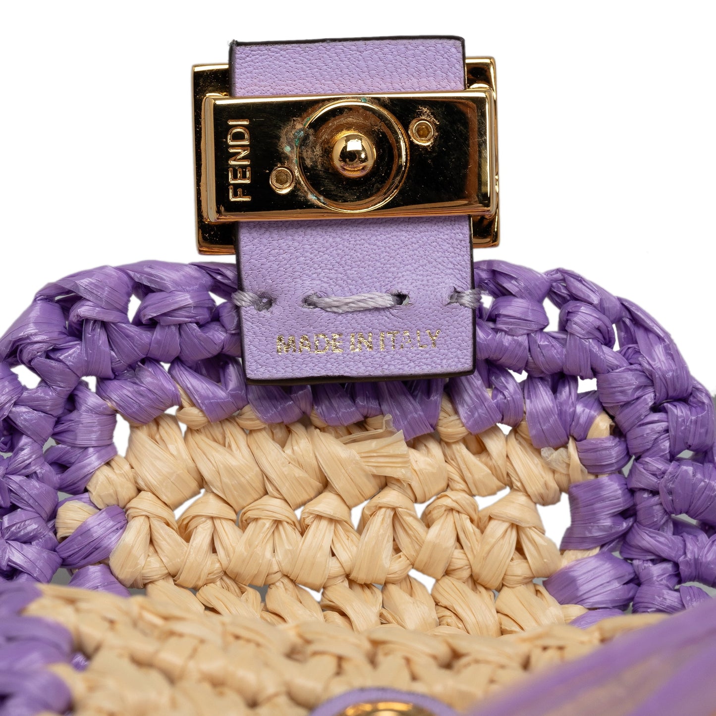 Unisex Pico Intreccio Baguette Bag (Good) Authenticated Purple Material Pre-Owned Raffia Fendi Natural Crossbody