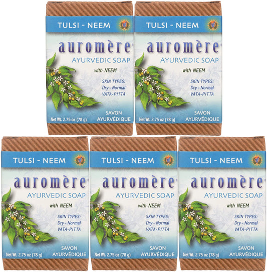 Vegan, Non Auromere Pack. (2.75 Bar 5 Tulsi Ayurvedic Cruelty Friendly, Eco Handmade, Gmo Soap, Neem Oz), - Free, Natural,