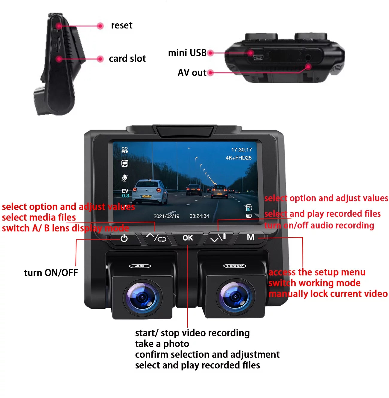 4K+1080P and Dash G-Sensor Inside Screen Mode Camera Parking Camera LCD Cam Loop 4K TOGUARD Front 3" Recording Car Dash