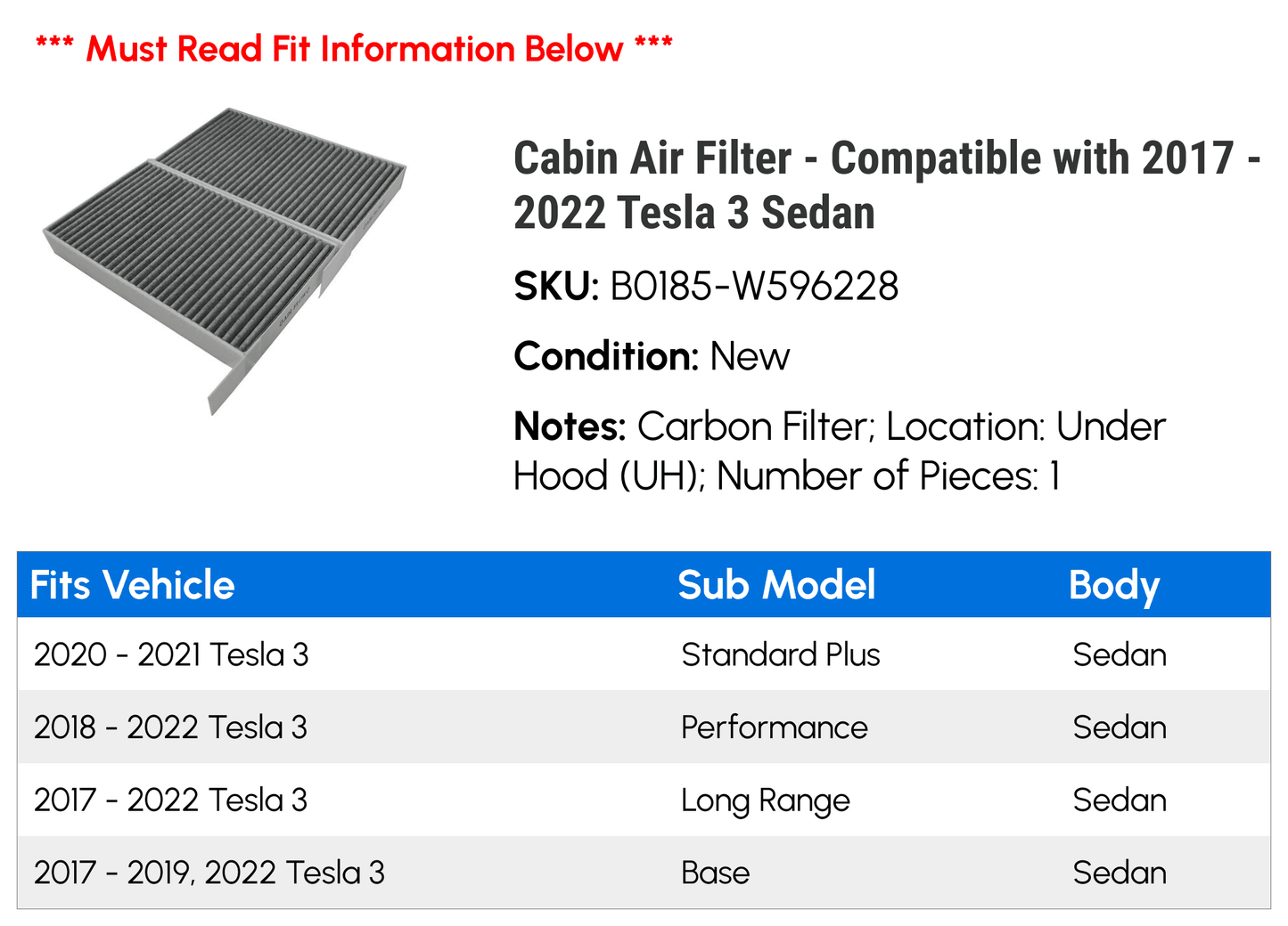 2021 Air - 2022 - Compatible 2020 Cabin 3 Sedan 2018 Tesla 2019 with Filter 2017