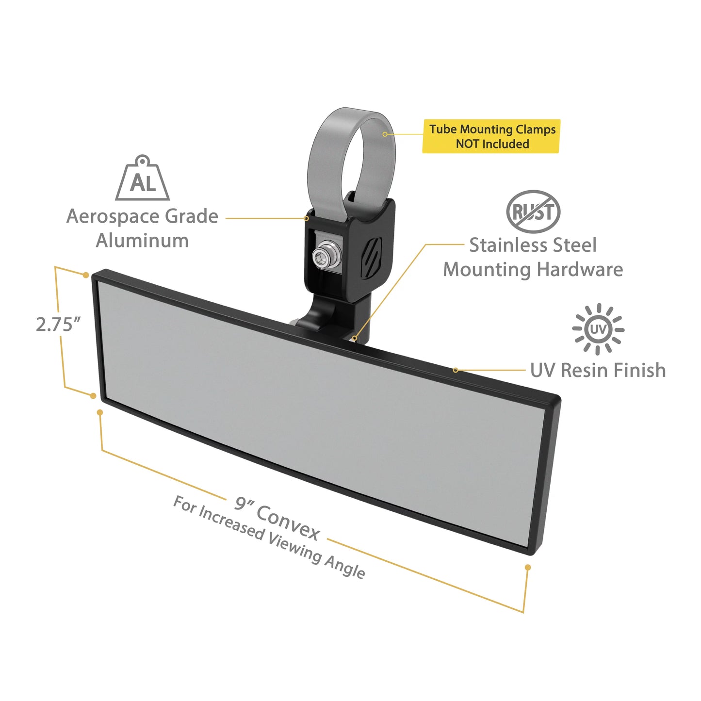 Tube View BaseClamp PSM21009-185 9” Clamps with Panoramic Mirror Scosche 1.85”