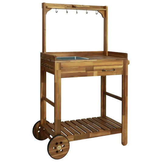 Wood Trolley Garden Kitchen Solid 36.2"x17.1"x55.7" Acacia