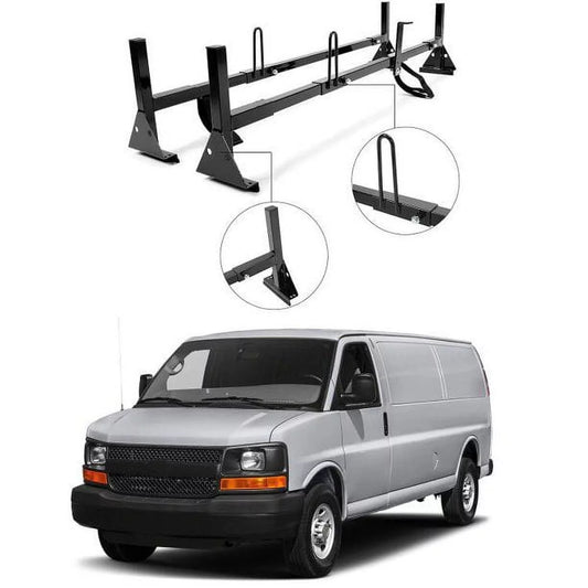 2 Ladders Express Chevy GMC Steel Full-Size Universal Rack E-Series Ford Savana Rack Adjustable Vans Roof Mount Bars Kojem for Carry 68"-75"