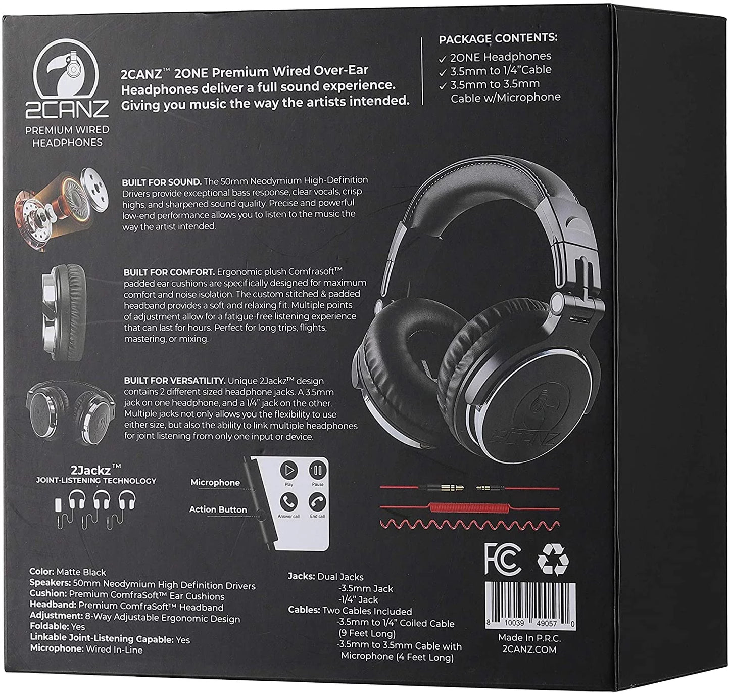 2ONE Headphones, DJ 2CANZ Black, Over-Ear Professional