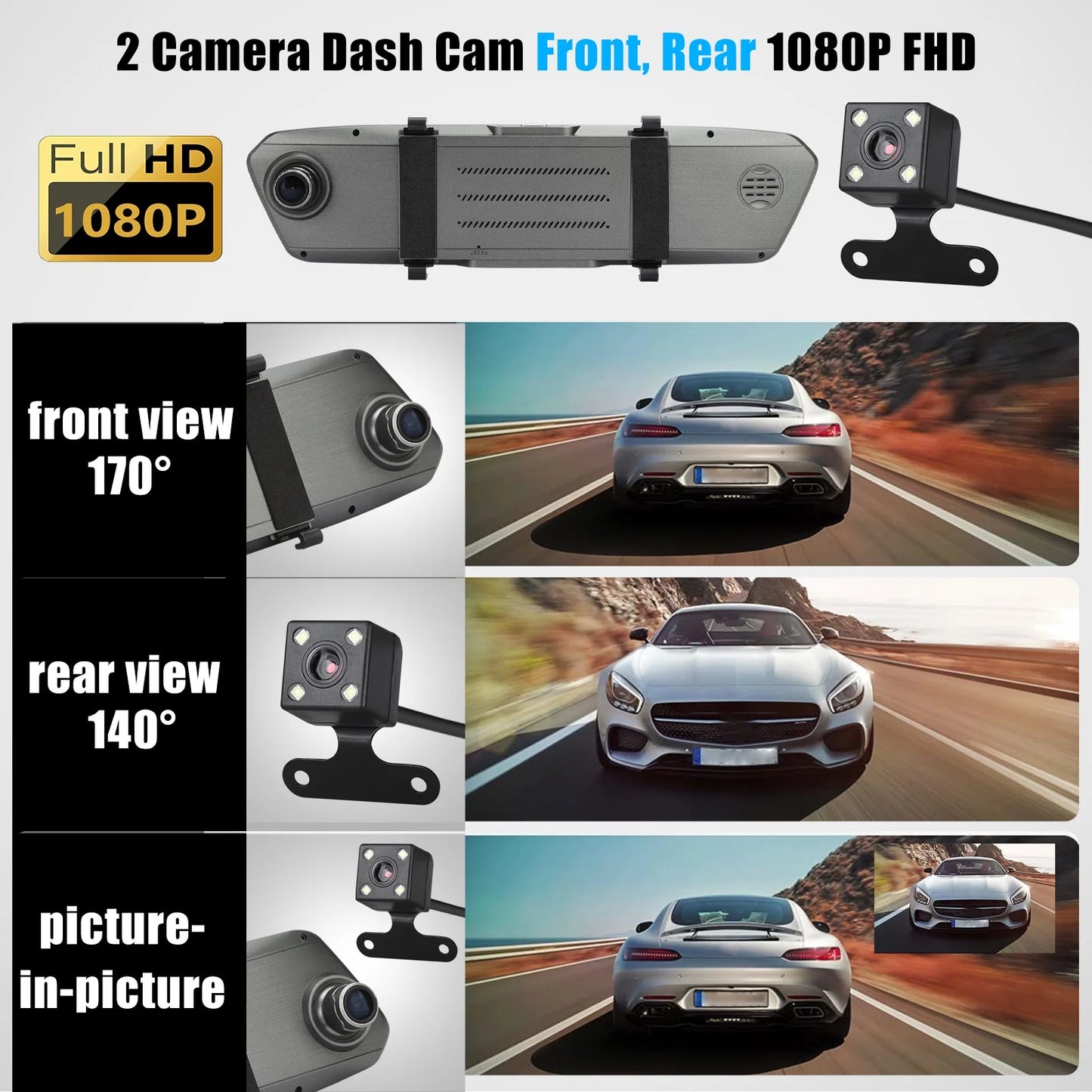 7inch for Car G-Sensor, Dual and Dash Front EEEkit Mirror Detection, Touch Wide-Angle Dash Screen Camera View 1080P Mirror Cars, Lens Camera, Camera Rear 170° Vision, Night with Cam Motion