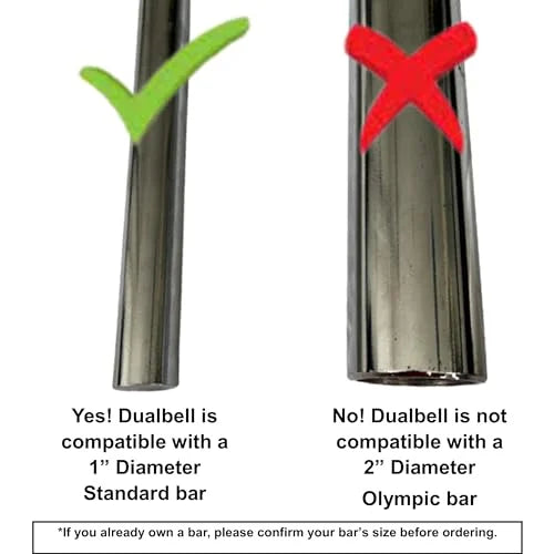 Superset DUALBELL on (up 2 diameter lb dumbbell, Barbell 2 for Pair, Converts 100 Spacers) use Adapters- to 1" dumbbells bar to Dumbbell