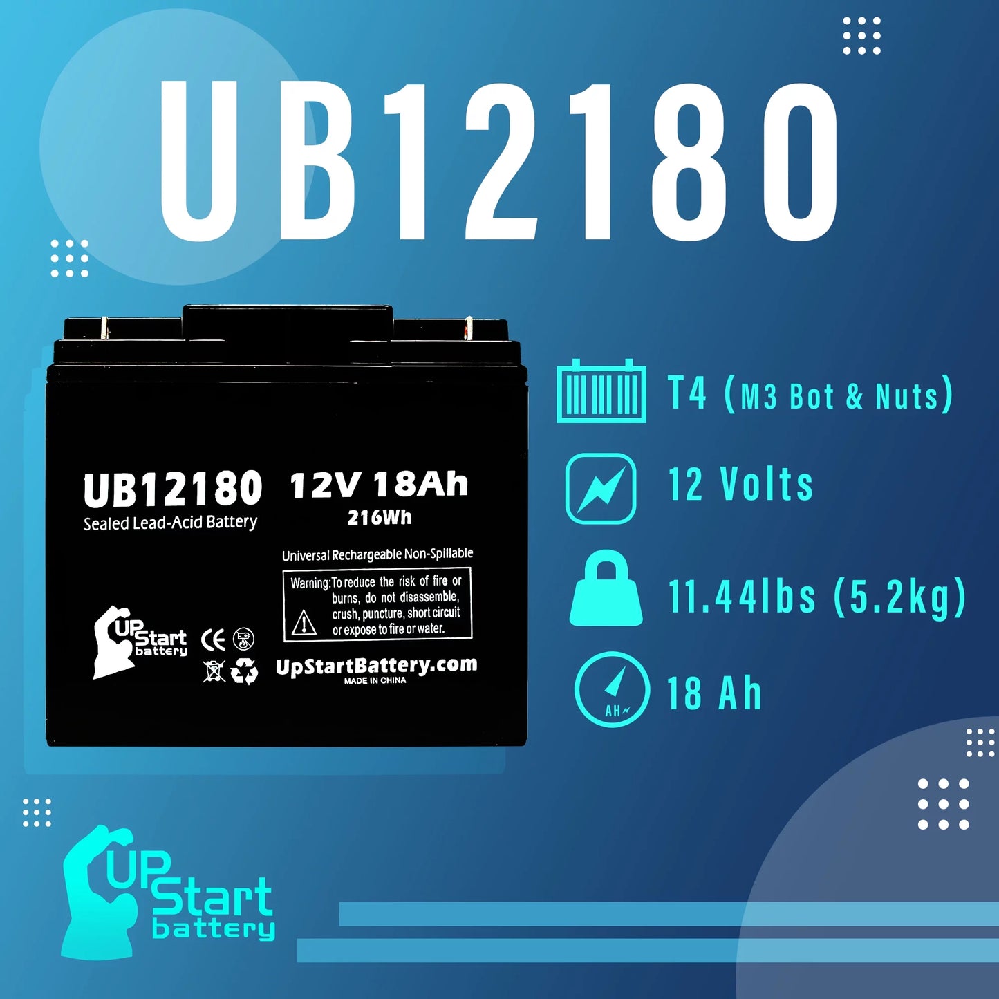 Acid Sealed Pack AGM, 18Ah, Battery 18000mAh, 3x AMERICA Replacement SLA) - OF Terminal, UB12180 - Universal BATTERY Compatible Lead (12V, Battery T4 GP12170 CSB