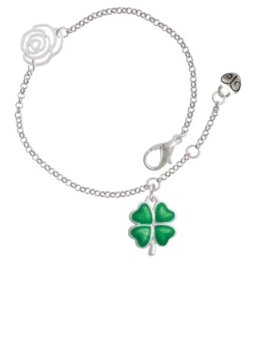 Translucent 6.25"+1.75" Green Chain Extender Four Jewelry Link Silver-tone Bracelet, Silvertone Delight Lucky Clover Leaf Rose