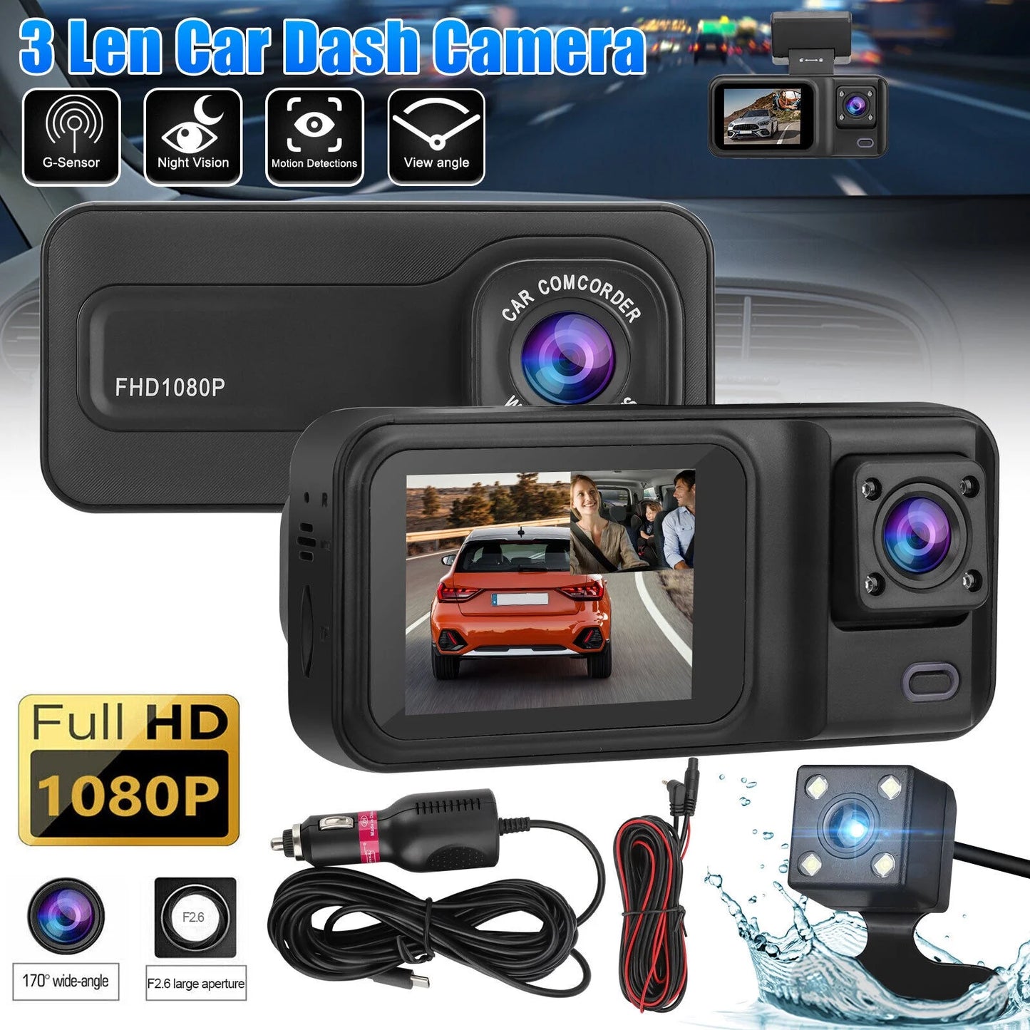 1080P Dash Camera G-sensor 3 Dual Video 170° Lens Car Recorder Channel 2" Cam HD