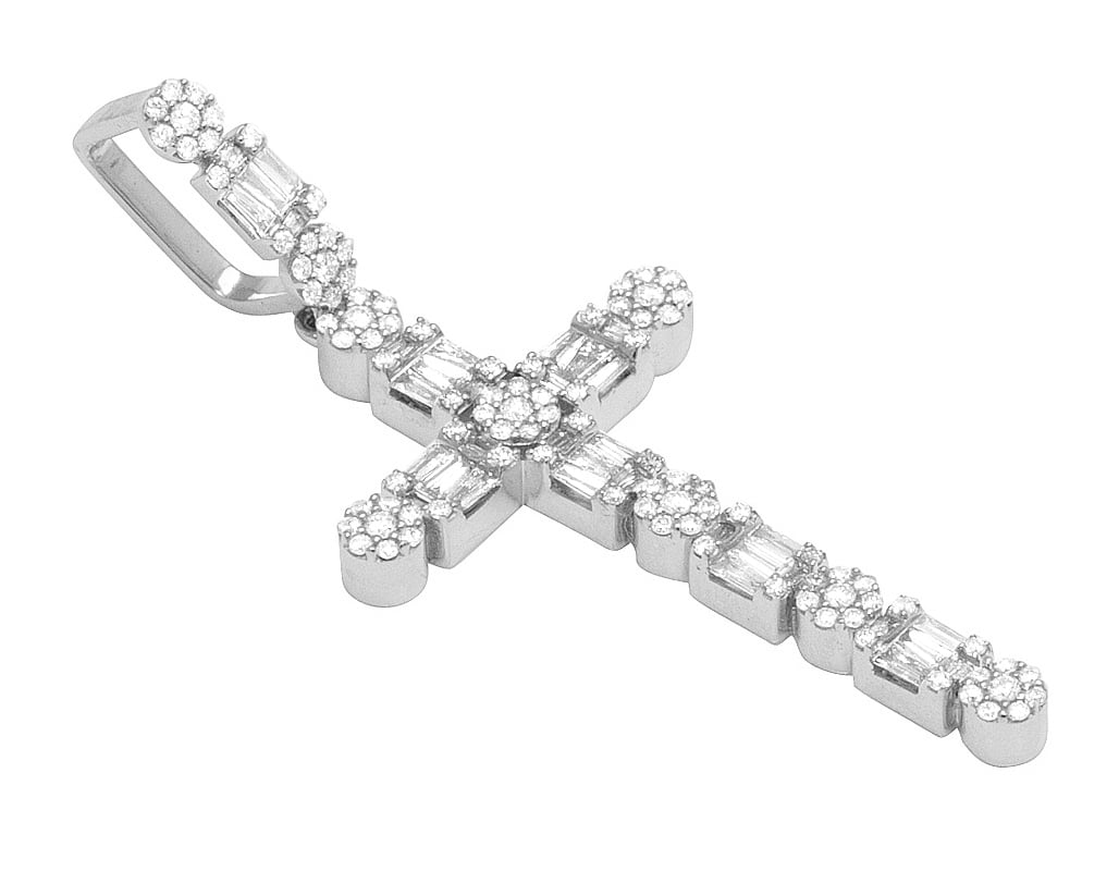 2" Diamond Unisex 10K White Gold Baguette 1.2CT Real Cluster Cross Flower