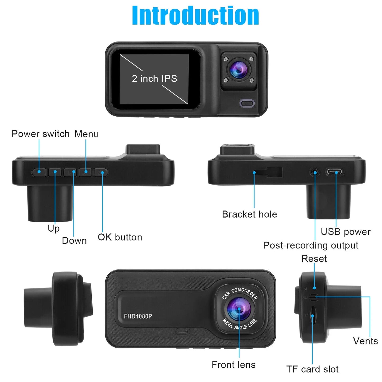 1080P Dash Camera G-sensor 3 Dual Video 170° Lens Car Recorder Channel 2" Cam HD