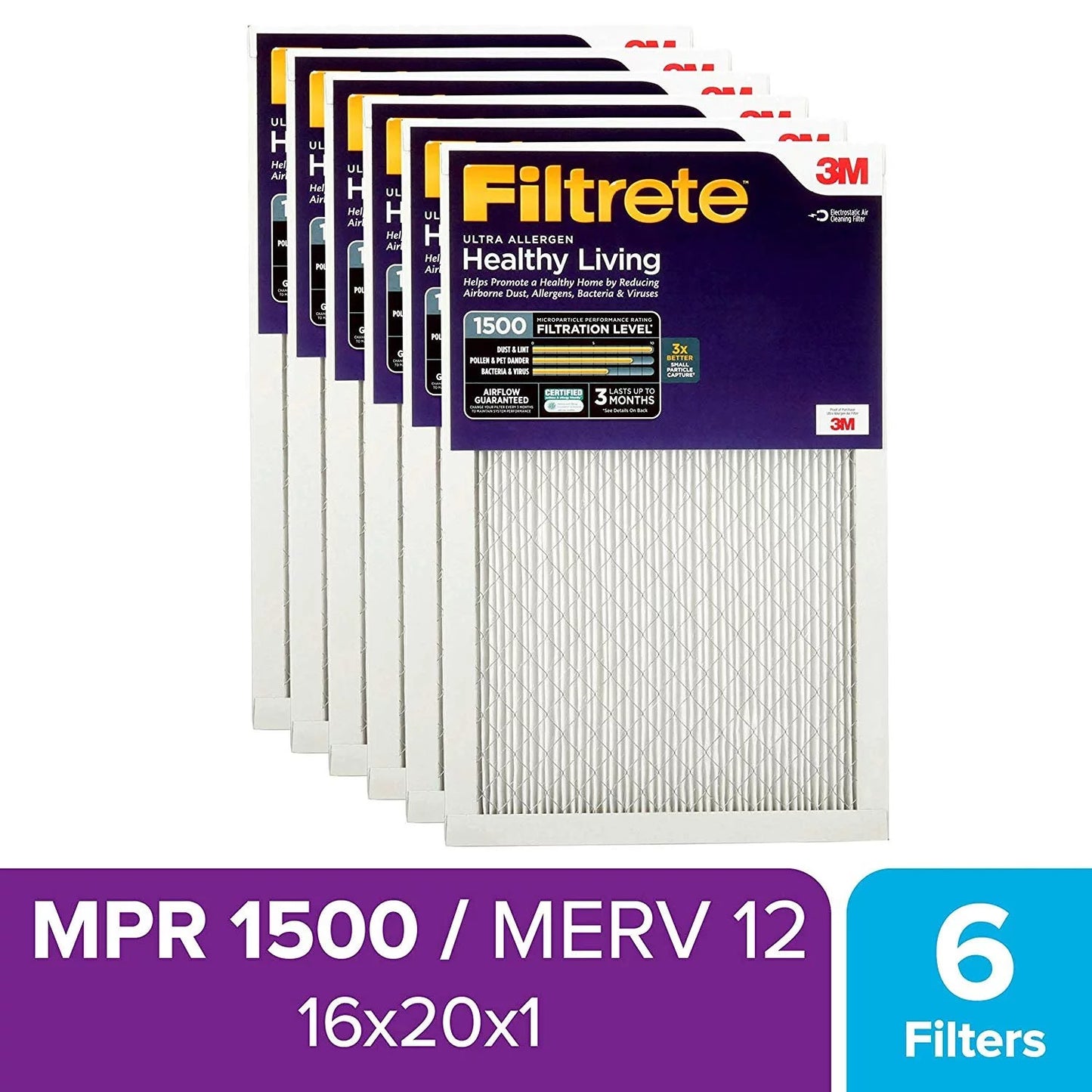 1500, Air Healthy Living 2-Pack MPR AC Filtrete Filter, Furnace Allergen, 16x20x1, Ultra