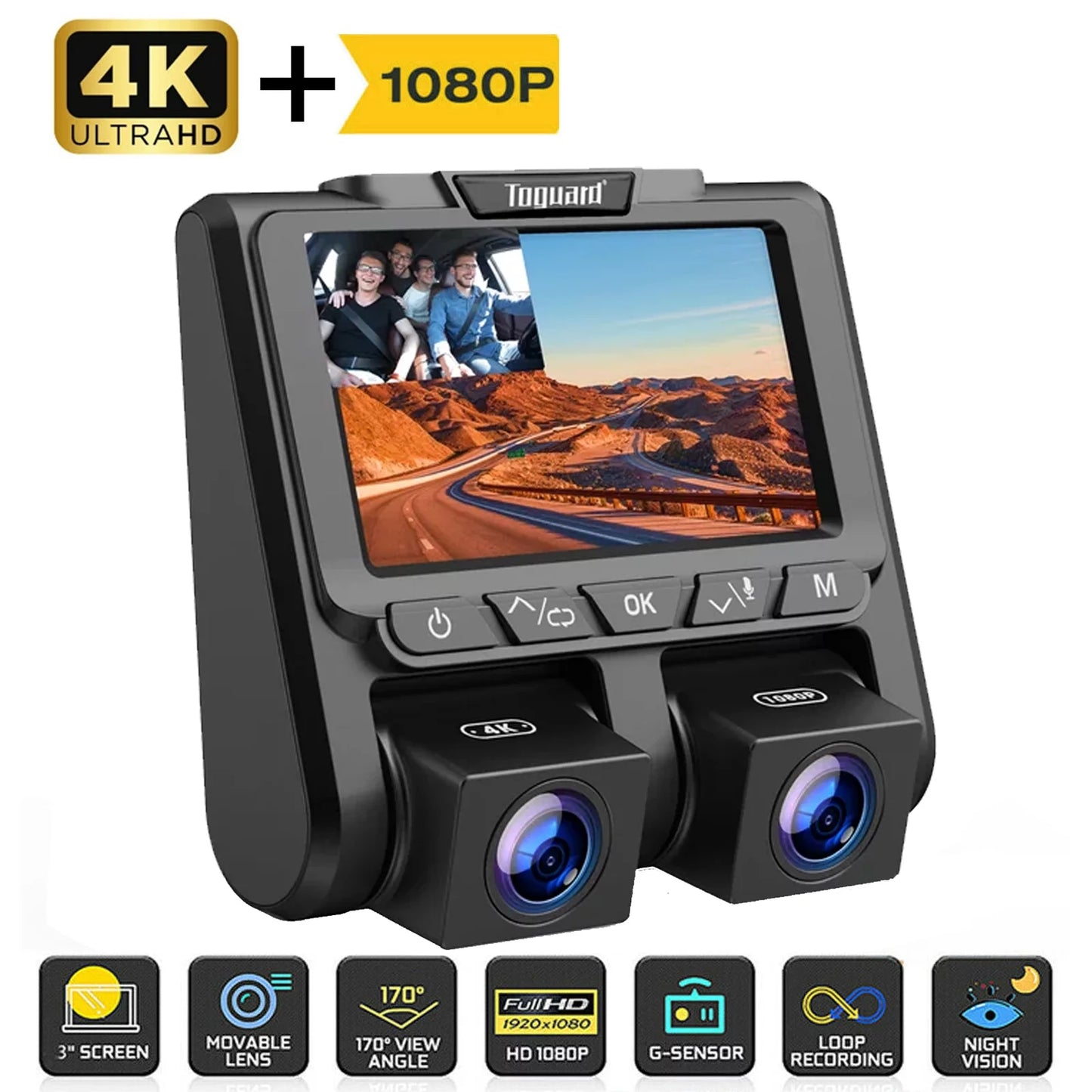 4K+1080P and Dash G-Sensor Inside Screen Mode Camera Parking Camera LCD Cam Loop 4K TOGUARD Front 3" Recording Car Dash