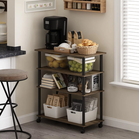 wheels, 4-Tier Columbia Kitchen on Walnut/Black Rolling Helena Furinno Island