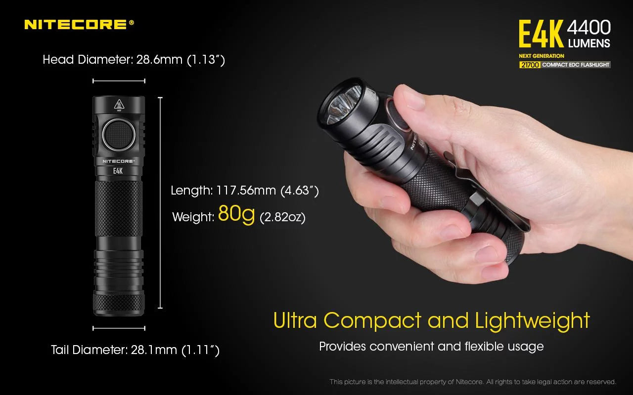 XP-L2 generation Li-ion EDC E4K 21700 - Eco-Sensa NITECORE 4400 Next 4x CREE Lumens Flashlight Battery FREE 1x and Rechargeable Compact - Battery w/ 21700 NITECORE V6 Case