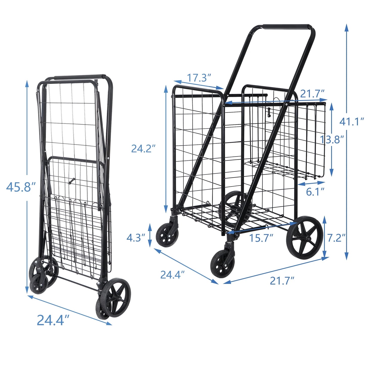 Wheels Folding Luggage Shopping Double for Laundry Basket ZENY Grocery Book Travel, and Utility Black with Cart