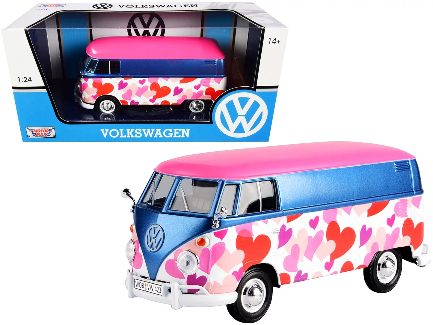 1/24 and Pink Diecast Car by Delivery Volkswagen Model (T1) Blue Type Van 2 "Love" Motormax Metallic