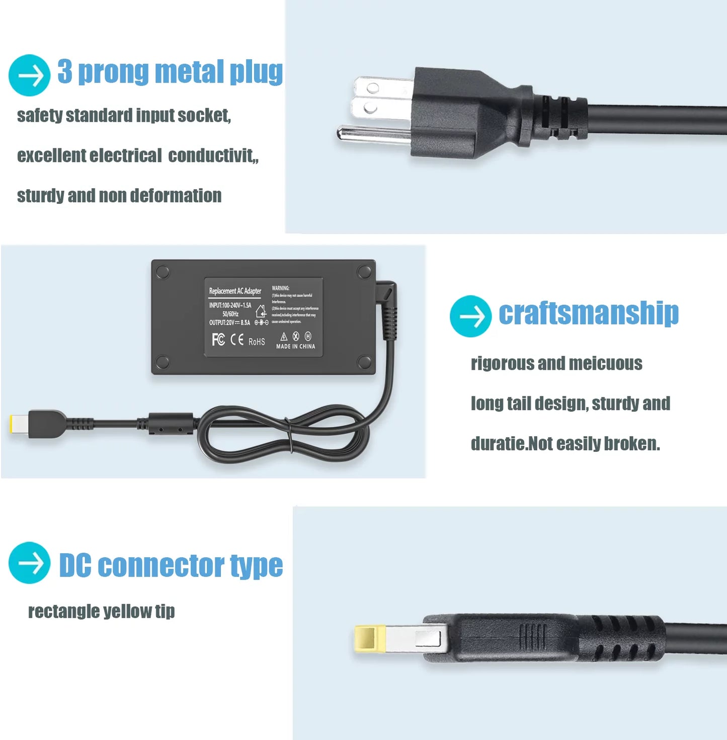 Y7000 3-15IHU6 P51 P52 Legion P70 USB P50 Thinkpad Gaming Power 170W Tip] Ideapad Cord[Rectangle 82K1 Yellow P71 Adapter Y700 Lenovo for AC