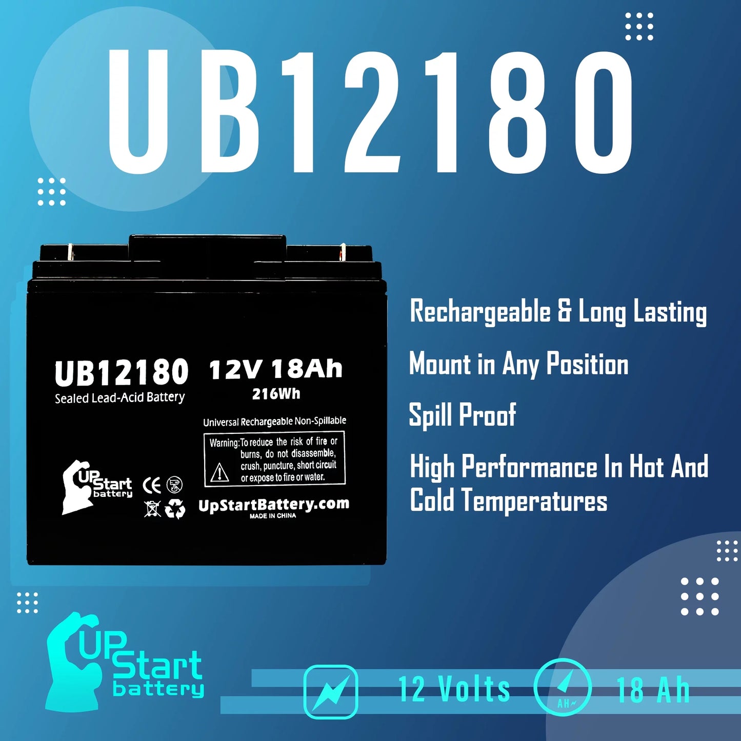 Acid Sealed Pack AGM, 18Ah, Battery 18000mAh, 3x AMERICA Replacement SLA) - OF Terminal, UB12180 - Universal BATTERY Compatible Lead (12V, Battery T4 GP12170 CSB