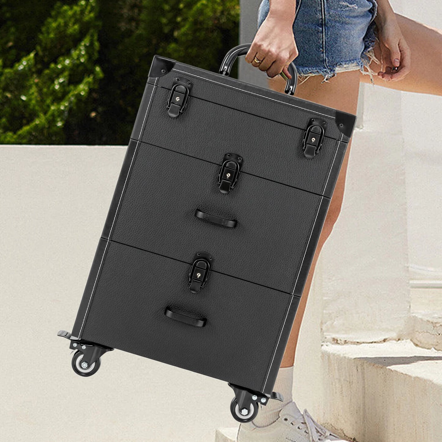 & ZhdnBhnos Makeup Organizer Case Rolling Storage Lock Wheels (Black) Luggage Box Trolley Cosmetic Nail Train w/ Polish 4