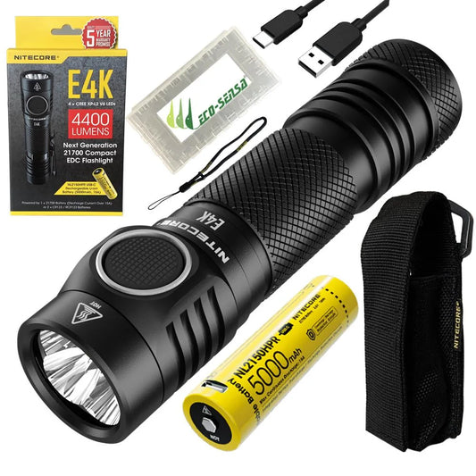 XP-L2 generation Li-ion EDC E4K 21700 - Eco-Sensa NITECORE 4400 Next 4x CREE Lumens Flashlight Battery FREE 1x and Rechargeable Compact - Battery w/ 21700 NITECORE V6 Case