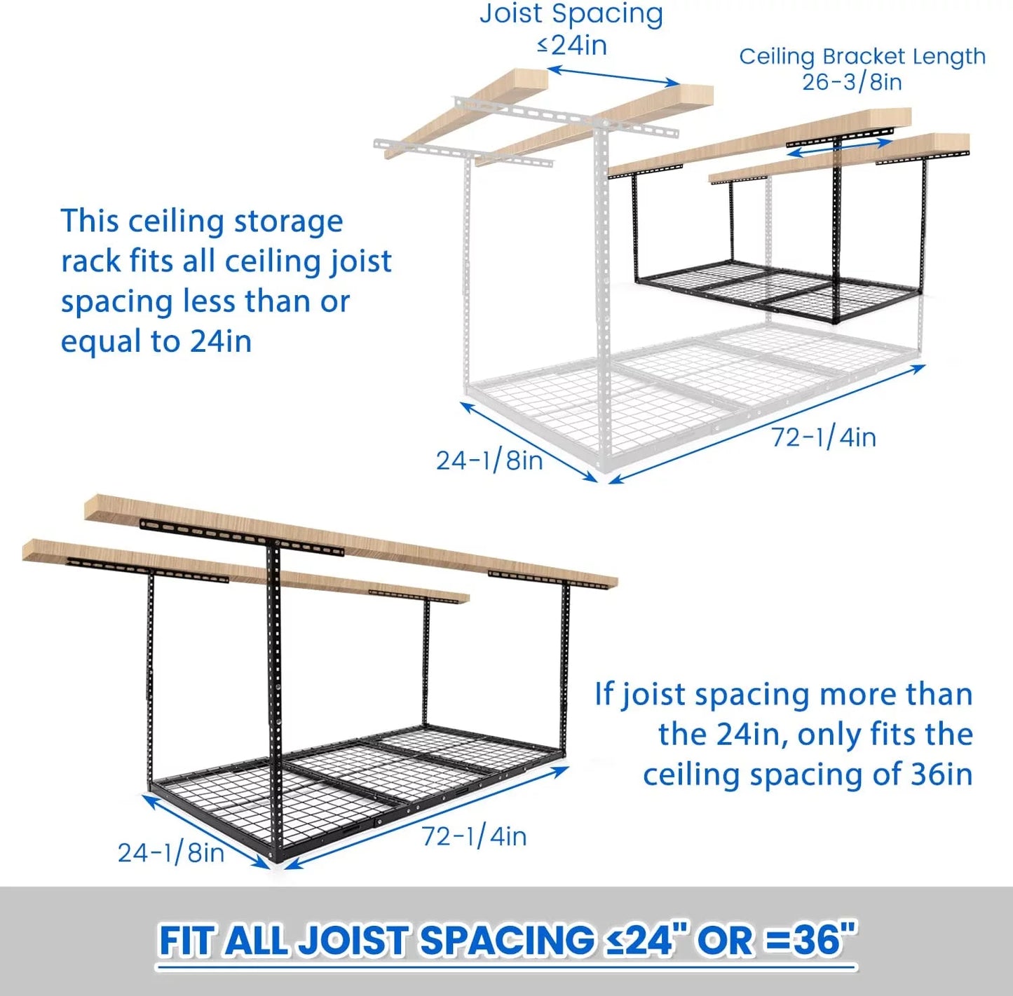 x Mounted 3FT Steel 6FT Shelf Rack HECASA Overhead 72" Ceiling Rack Storage 36" X Duty Heavy Black