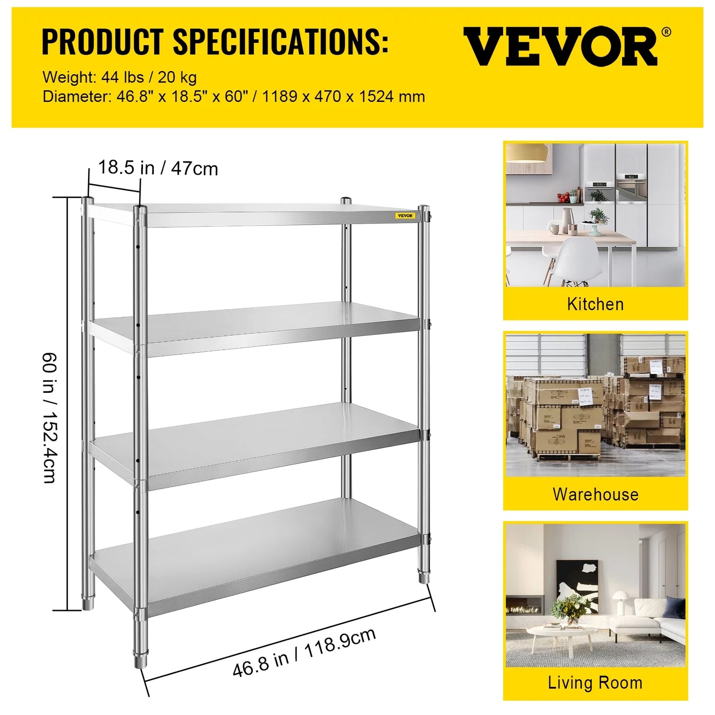 4-Tier 330LB Shelf Standing Commercial Stainless Shelf per Garage Shelving Shelf Office, Unit Storage Steel for Capacity Kitchen, VEVORbrand