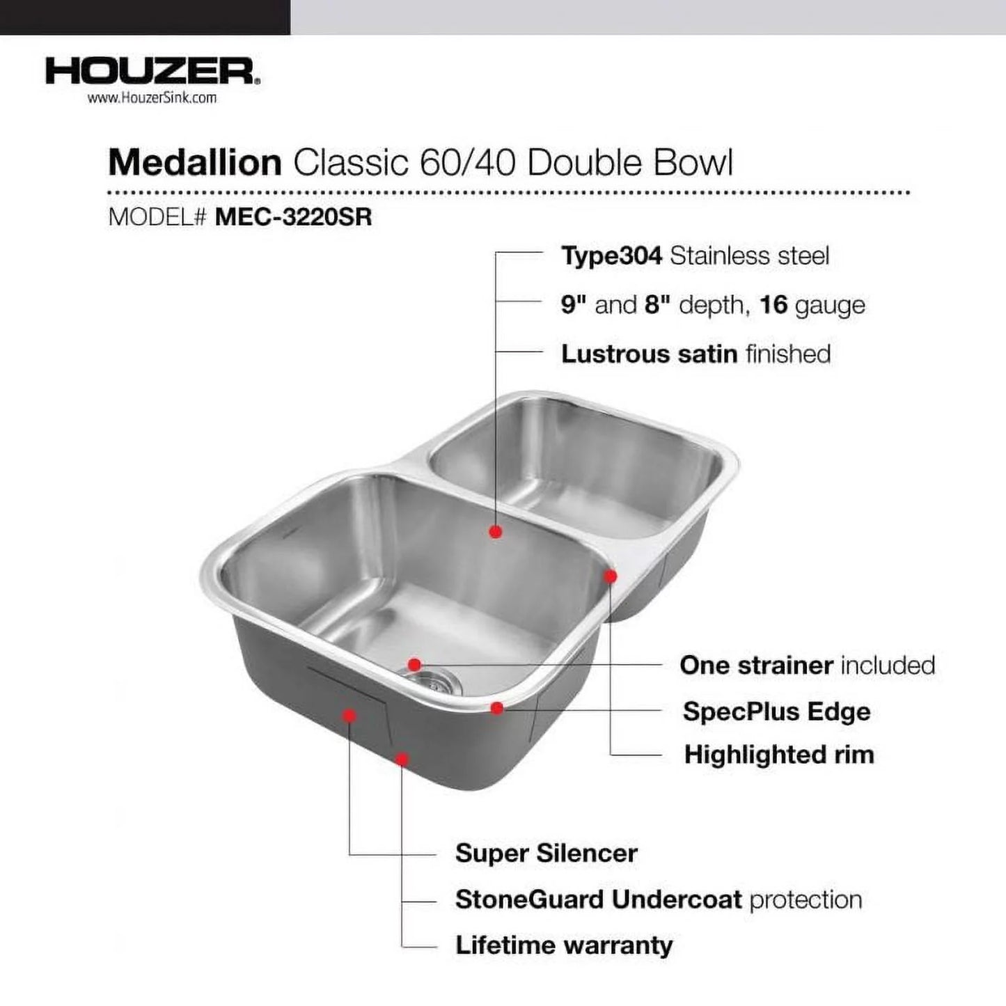 31-1/2" Bowl x Kitchen 60/40 Houzer 20-3/16" Bowl x 31-1/2" MEC-3220SR-1 Small x Undermount Stainless 17-15/16" 20-3/16" Steel Sink, Right Double