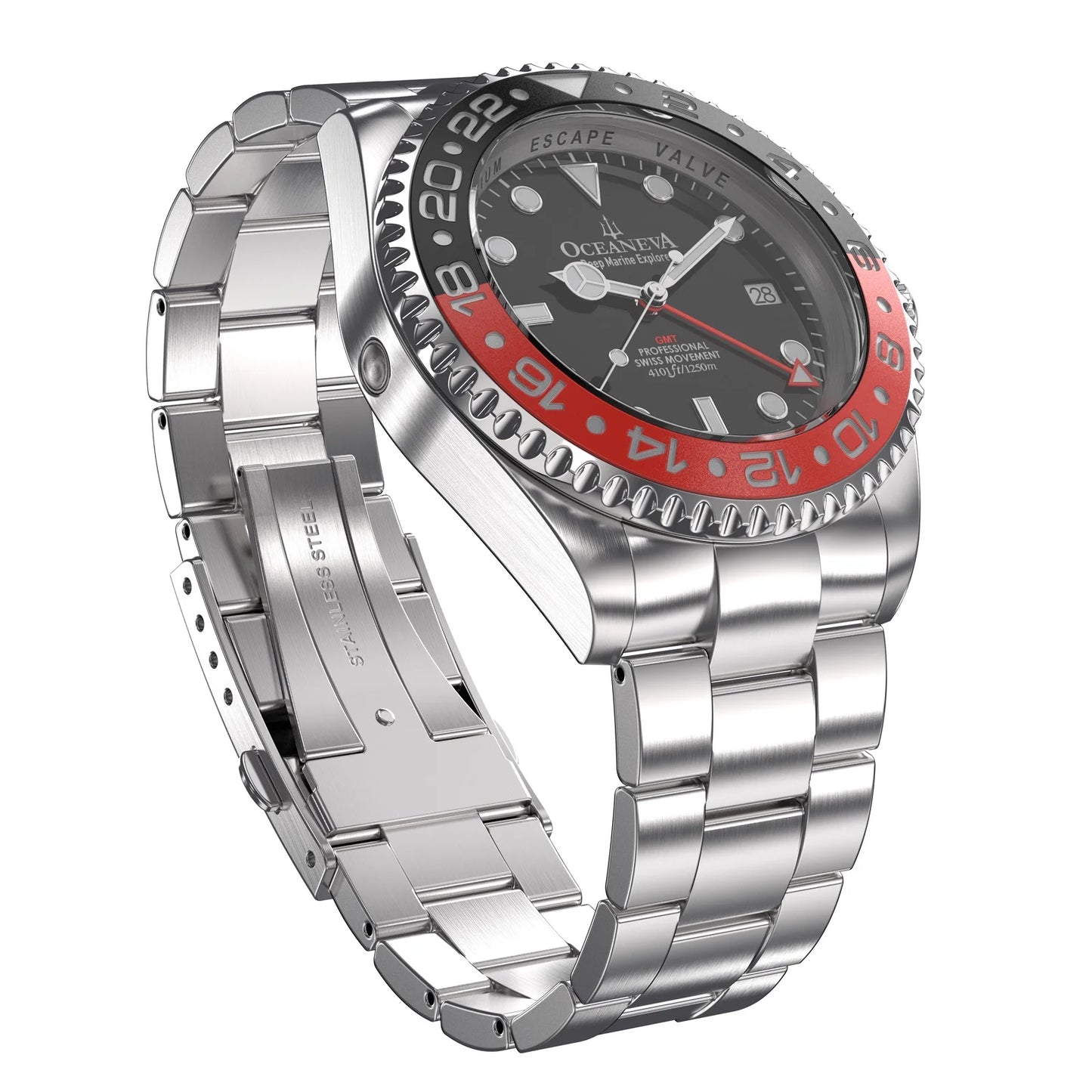 Stainless Diver 1250M Men's Movement Pro Deep and Red Swiss Quartz, Bracelet Watch GMT Black- Marine Explorer Oceaneva™ Steel