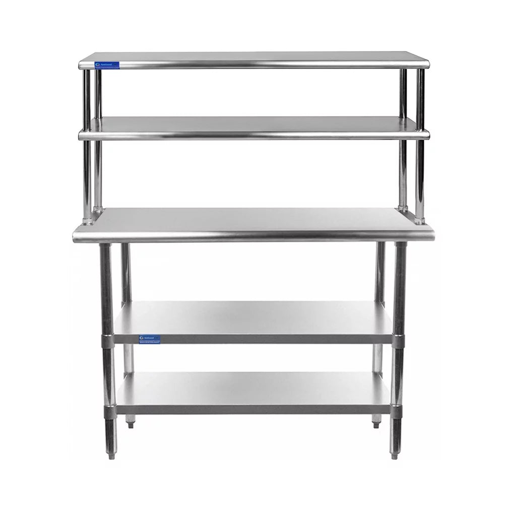 12" Double Tier Wide Kitchen Two Steel Prep & Combo | Shelves Stainless With Table x 14" Overshelf Shelving Table Work 60" Metal |