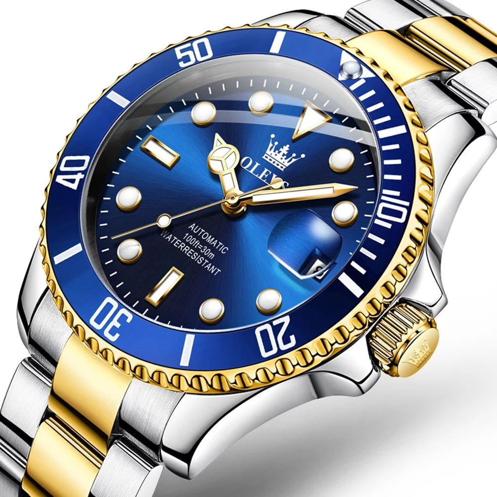 Adult Blue for Men Wristwatch Gold Two-Tone Automatic 6650A Male Date Olevs