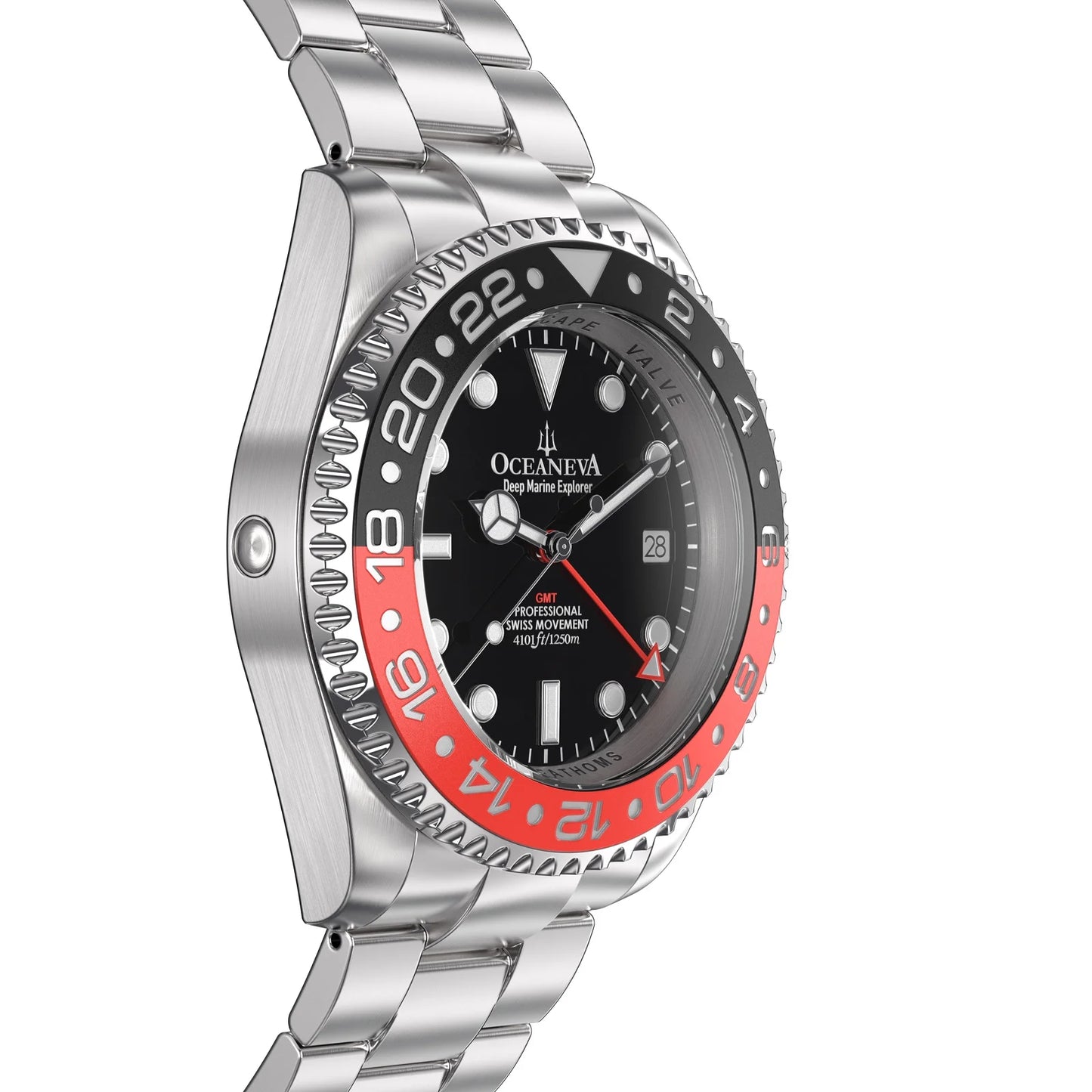 Stainless Diver 1250M Men's Movement Pro Deep and Red Swiss Quartz, Bracelet Watch GMT Black- Marine Explorer Oceaneva™ Steel