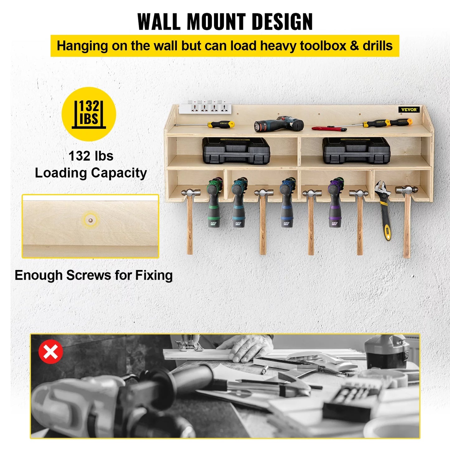 Wall 2-shelf BENTISM Holder Wall Tool Drill Organizer Mounted 10 Tool Power Slots