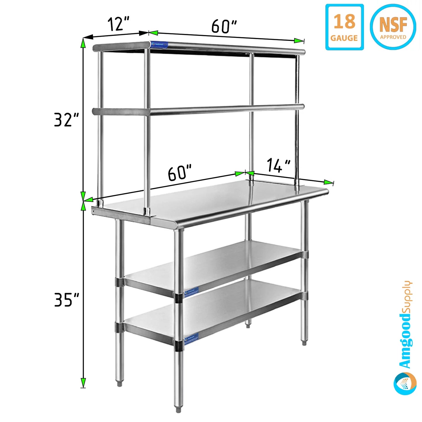 12" Double Tier Wide Kitchen Two Steel Prep & Combo | Shelves Stainless With Table x 14" Overshelf Shelving Table Work 60" Metal |