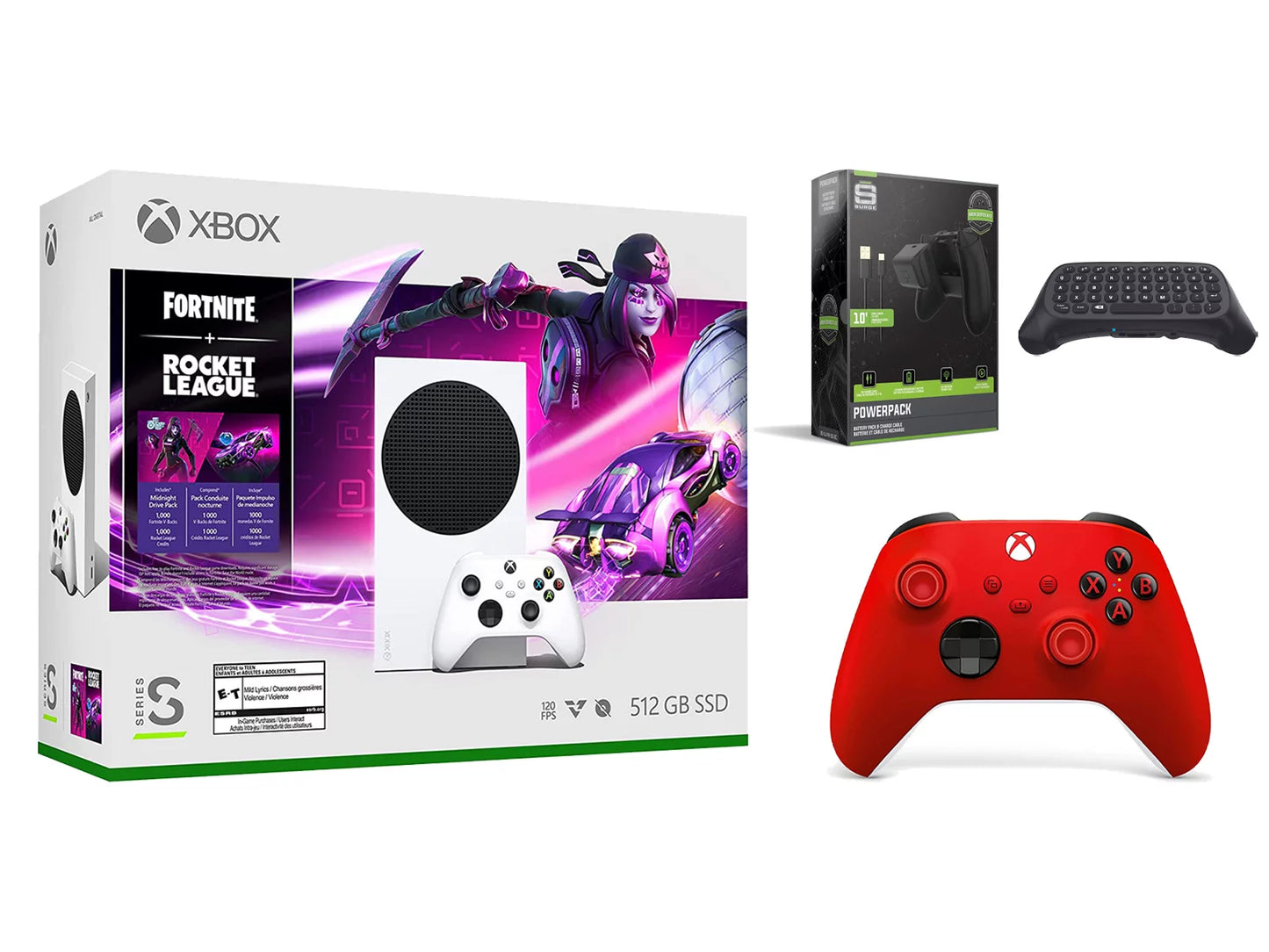 Xbox S Charge Controller, Extra Console Series Controller with Red Rocket Fortnite Microsoft Wireless Pulse and League Cable/Battery Keypad