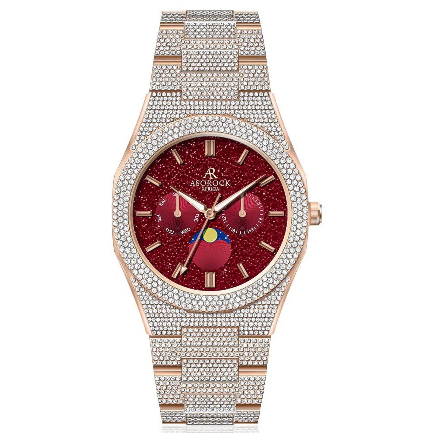 transporter - Asorock | bezel Yellow - 44mm | strap CZ diamond Small diamond Fully | iced watch Watches Iced Gold/Red