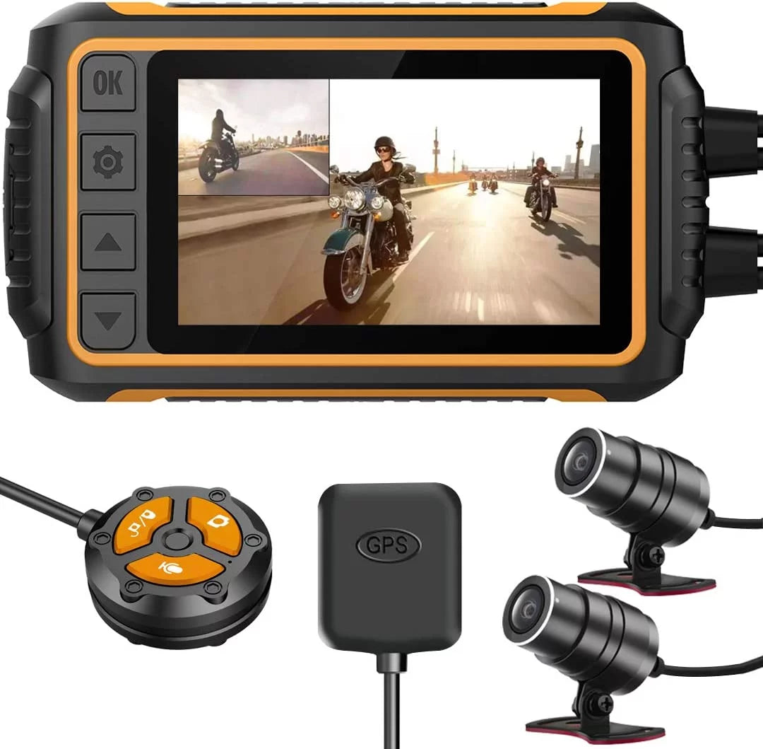 to and Rear Cam up 256GB Recording LCD Wi-Fi, Waterproof FHD Max Camera Control, for with G-Sensor, Motorcycle, Wide 3'' ZOMFOM Front 150° Lens GPS, Waterproof Wired 1080P Dash and EIS Angle