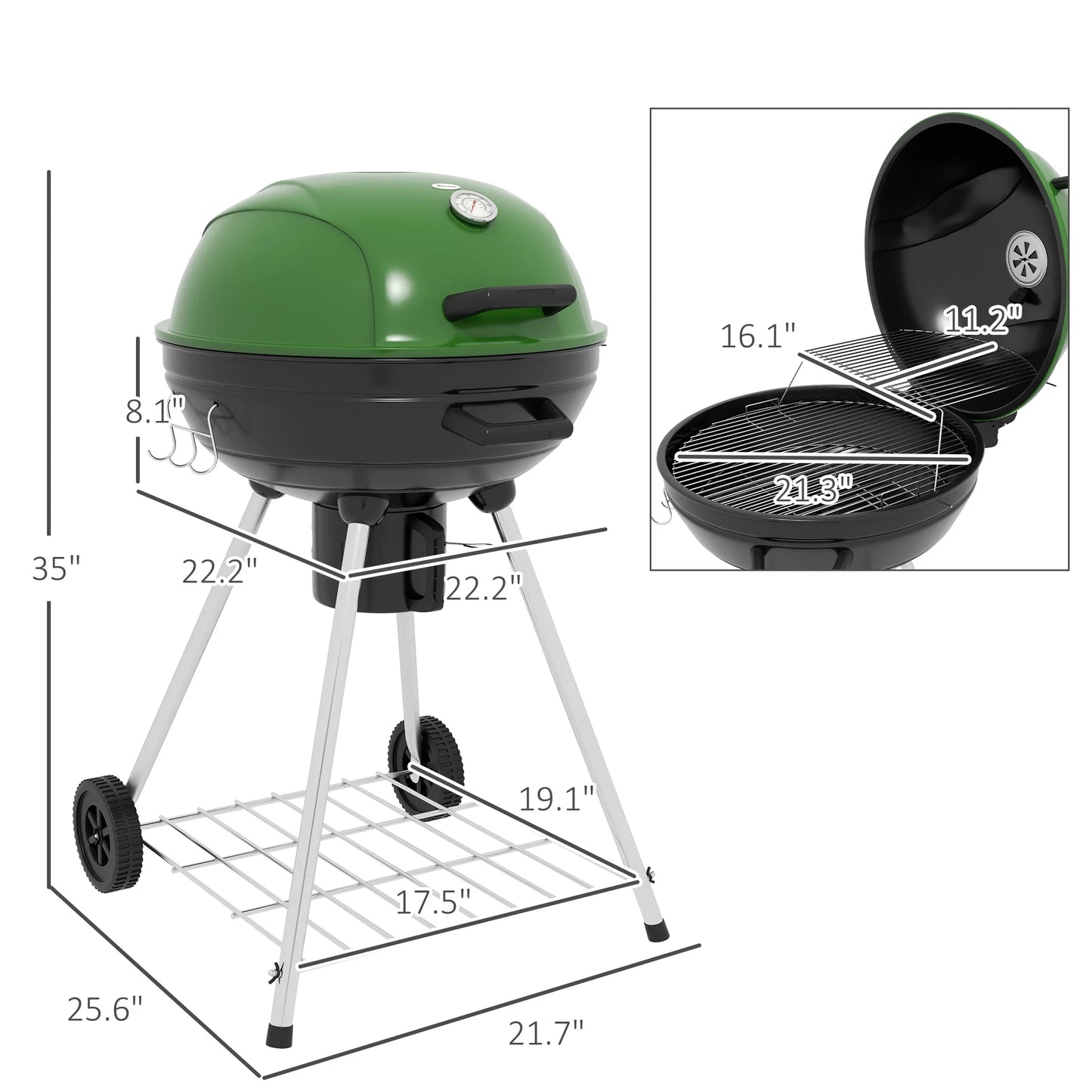 Thermometer Grill Sq.In. for CoSoTower Shelf, Wheels, BBQ Ash Outdoor Party, Green Patio, 360 Area, and Cooking Charcoal Backyard Trolley Kettle 21" Catcher Barbecue with with Built-In