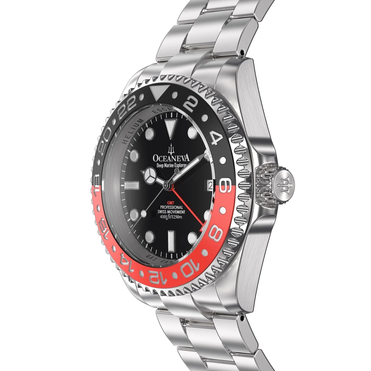 Stainless Diver 1250M Men's Movement Pro Deep and Red Swiss Quartz, Bracelet Watch GMT Black- Marine Explorer Oceaneva™ Steel